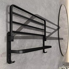 Double Tier Towel Rail Holder Wall Mounted Bathroom Rack Shelf With Hook Folding
