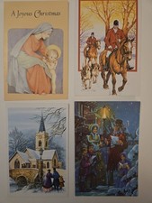 4 Vintage Christmas Greetings Cards Religious Equestrian Victorian Carol Singers