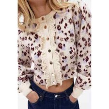 Floral Jacquard Knit Cardigan with Ruffle Balloon Sleeve from ZARA: Size: SMALL