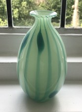 Vintage Green Striped Opaline Art Glass Vase. Asymmetrical. Hand Blown Design.