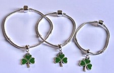 Green Shamrock Dangle Charm on Silver Coloured Snake Chain Bracelet. 3 Sizes