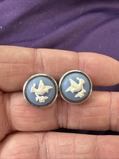 Vintage Avon Cameo Silhouette Dove Olive Branch Pierced Earrings Wedgwood Blue