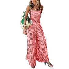 Women Casual Overall Jumpsuits Checked Plaid Suspenders Playsuits Loose Wide Leg