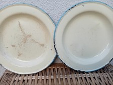RARE! Vintage 1920s Pair of Worn Enamel Ware Dishes 9.5" Dinner Plates Film Prop