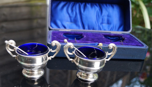 Cased pair antique silver salt - pair,