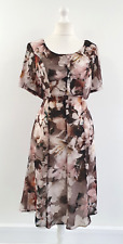Eugen Klein Tea Dress, Size 14,  Brown Pink Floral Chiffon- Lined; Waist Tie;