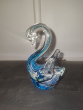 Murano Glass Swan Figurine with Blue and Clear Glass and Silver Dust. Vintage