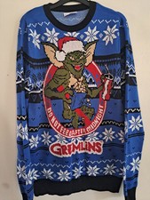 OFFICIAL GREMLINS KNITTED CHRISTMAS JUMPER - BLUE, SIZE MEDIUM - TOP CONDITION