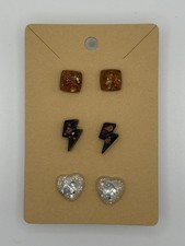 HANDMADE RESIN STUD EARRINGS SQUARES LIGHTENING HEARTS BRONZE BLACK GLITTER