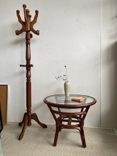 Vintage 1970s dark round bamboo coffee table with cane rattan straps & glass top