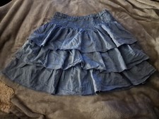 Baby Blue Denim Frill Ruffle Layer Rara Tier Shirred Beach Y2K Mini Skirt 6 8 10