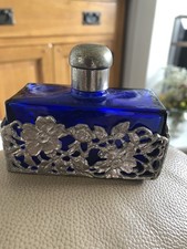 Vintage Cobalt Blue Rectangular Perfume Bottle In Silver Floral Holder
