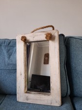 Shabby Chic Rustic Chunky Wooden Mirror With Rope Hanging