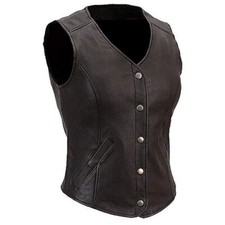 Ladies Genuine Leather Waistcoat Bikers Style Sleeveless Vest Front Press Studs