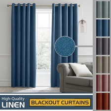 LINEN Blackout Eyelet Curtains Ready Made Ring Top Thick Curtain Panels +TieBack