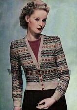 Knitting Patterns Ladies Vintage 1930s/40s Fair Isle V-Neck Cardigan 36-38" Bust
