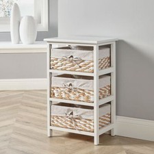 Wooden Storage Unit 3 Drawer Wicker Basket Chest Organiser White Fully Assembled