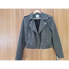 This season! Womens Stylish Primark Khaki Green Faux Suede Biker Jacket UK 12