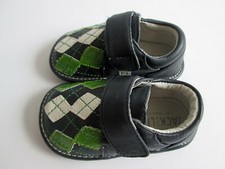 Jack and Lily Baby Shoes 12-18m. 4/5 Navy Blue Green Plaid Leather Hook & Loop