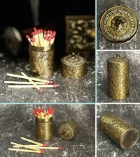 Antique c1850 Old Brass Desk Top Go To Bed Match Box 100 Patent Wax Vestas Case