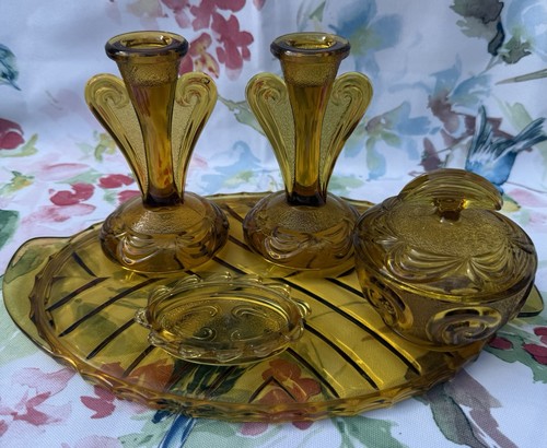 Vintage amber glass vanity set - vintage,