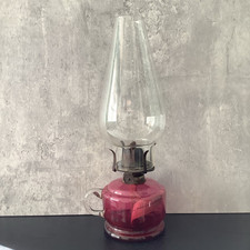 Small Cranberry Glass Finger Oil Lamp Victorian With Chimney