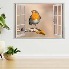Robin Bird Standing On A Branch 3d Window View Wall Sticker Poster Decal A320