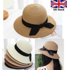 Ladies Women Bow Summer Sun Beach Floppy Derby Hat Wide Brim Straw Foldable