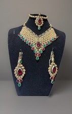 Asian Indian Pakistani Jewellery Rhinestone Gold Necklace Set Earrings With Tika