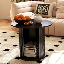 60CM Round Circle Wood Coffee Table with Hidden Storage & Sliding Door