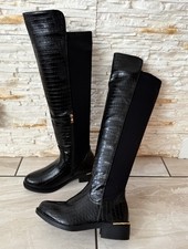 Womens Black Croc Embossed Knee-High Boots Gold Detail Side Zip Stretch Panel