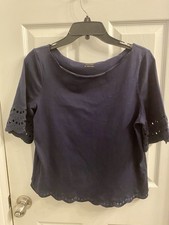 Kate Spade Scallop Border Knit Tee Top Eyelet Black Cotton Sz Medium Oversize