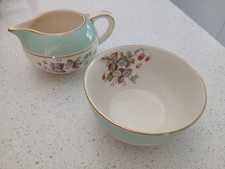 Antique Crown Ducal Strawberry Fair Milk Creamer Jug & Sugar Bowl Teal Gold 1920
