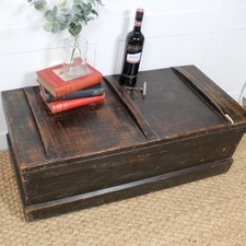 Victorian Low Storage Chest with Metal Handles. Lovely Aged Patina & Worn Paint