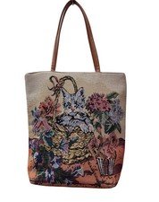 Vintage Cute Kitten/Floral Tapestry Tote lined Zipped  PVC Bag 1980’s 