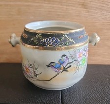 Small Vintage Japanese Pot, (Handle Missing), Hand Painted Birds & Floral Design