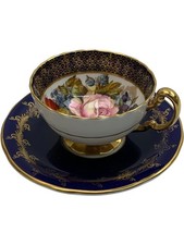 Aynsley England Bone China Cup & Saucer Set Floral Gold Blue Design