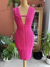 Stunning Vintage HERVE LEGER Vibrant Bright Pink Bandage BodyCon Mini DRESS, XS