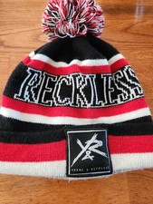 Young and Reckless Beanie Hat Black Red And White With Pom Pom - Bulls Colors