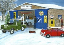 Christmas 1960's Garage, Series 1 Land Rover TR sportscar Mini xmas  blank  Card