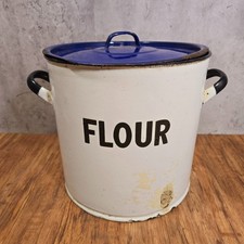 Large Vintage Enamel Flour Bin Kitchenalia Shop Display Storage Bin Blue Lid
