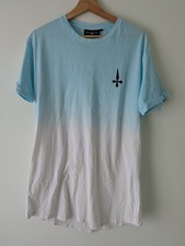 Judas Sinned Men’s T-shirt, size L Blue White Fade Back Print