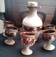 Wellhouse Pottery Wine Carafe and 5 Goblets, Paignton Devon.