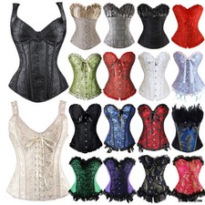 Women Lace Zip Up Overbust Burlesque Basque Corset Top Bustier Steampunk Shaper
