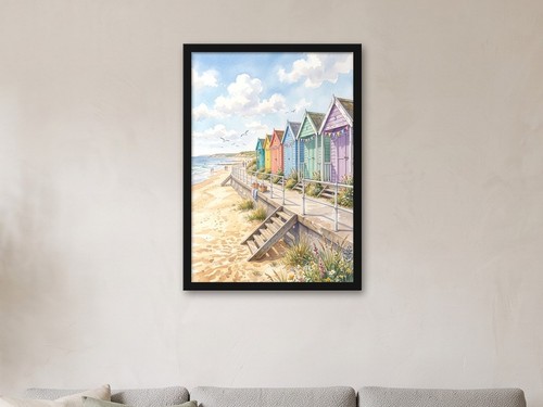 Striped beach huts watercolour - beach,