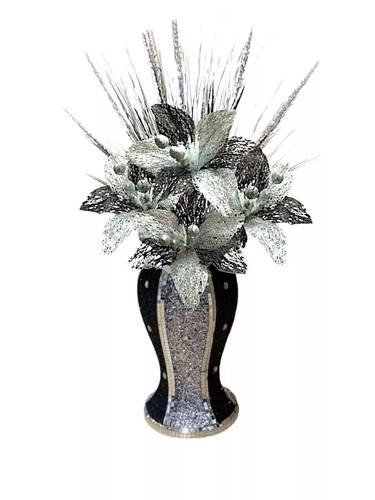 Black silver vase with flowers - vase,