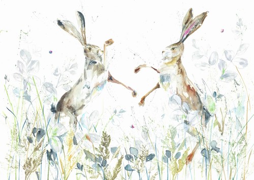Watercolour boxing hares - hares, "