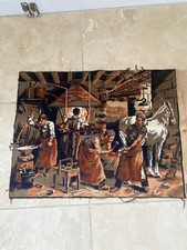 Completed French tapestry blacksmith scene, worker shoeing a horse