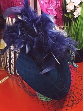 Vintage 1980s Blue Feather Pillbox Hat Fascinator Mesh