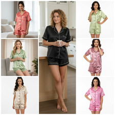 Womens Satin PJ Set Short Sleeve Shirt Shorts Silky Pyjamas Nightwear Gift XS-L